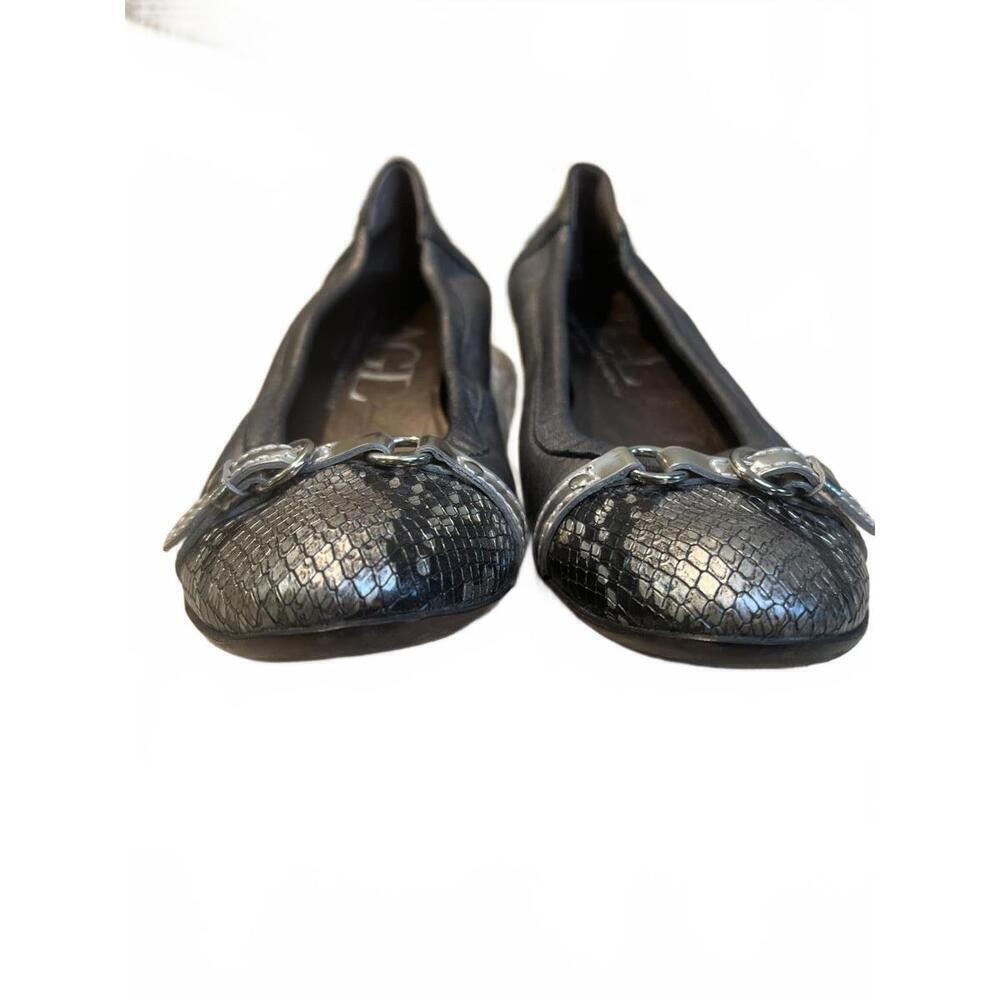 AGL Silver Black Leather Ballet Flats Snakeskin Toe and Silver Buckle Size 39.5